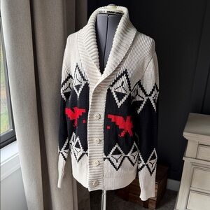 21men Black and Cream Shawl Collar Cardigan with Red Accents Size L - Unisex